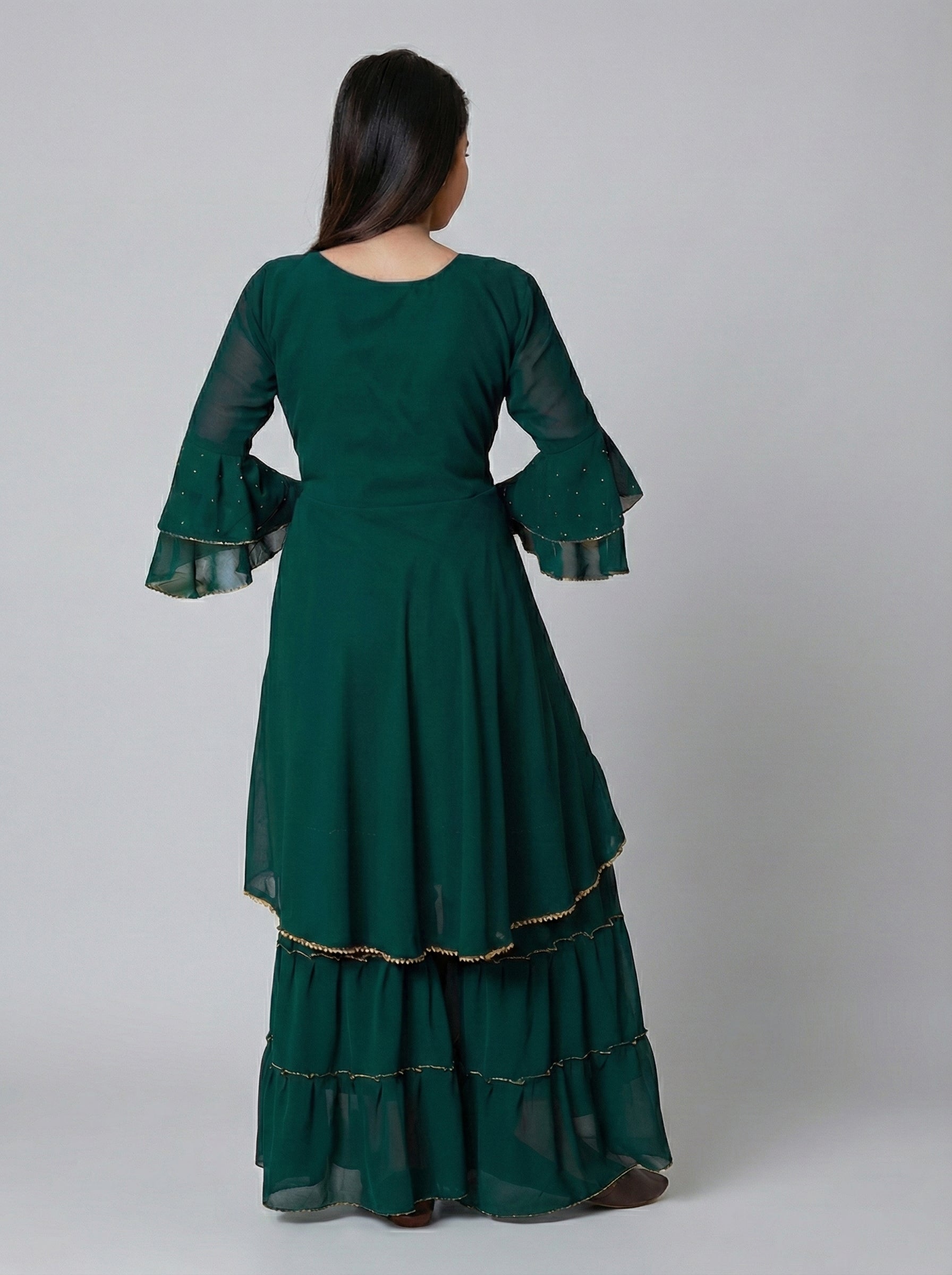 Elegant Dark Green Layered Kurta With Sharara Set For Girls And Women