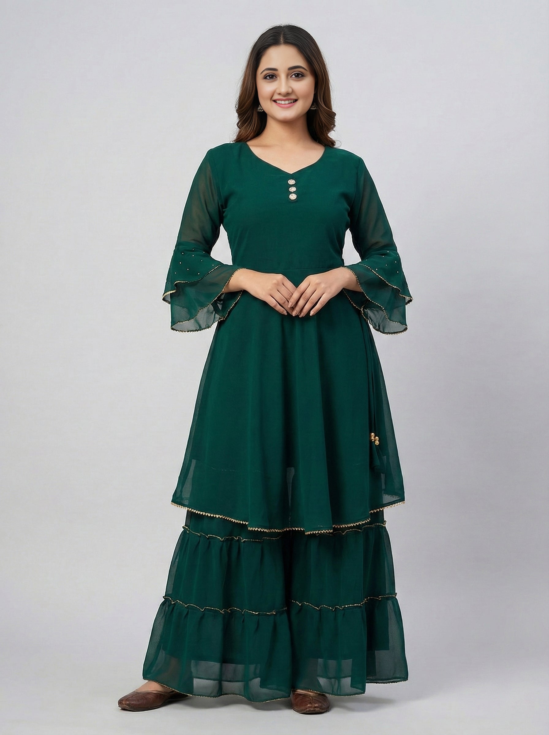 Elegant Dark Green Layered Kurta With Sharara Set For Girls And Women