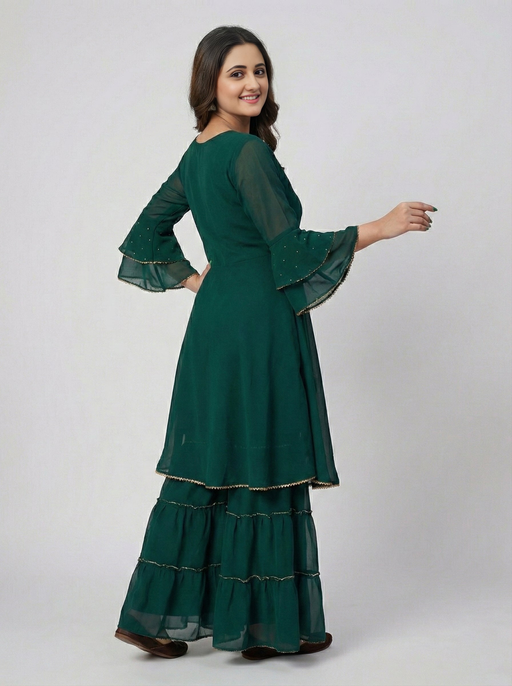 Elegant Dark Green Layered Kurta With Sharara Set For Girls And Women