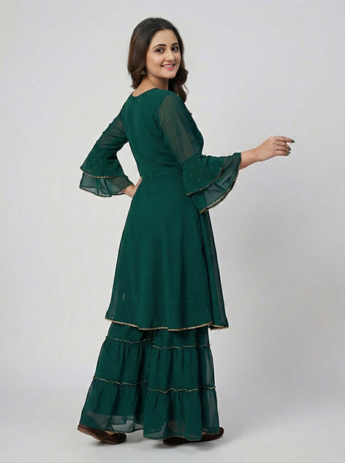 Elegant Dark Green Layered Kurta With Sharara Set For Girls And Women